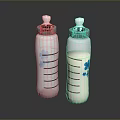 Two White Baby Bottles With Green Lids Blue Flower Patterns And Measurement Lines