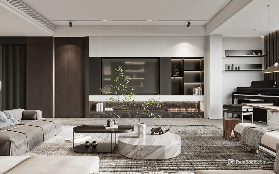 Modern Living Room Interior With Sofa Marble Coffee Table And Fireplace 3d model