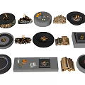 Different Fire Pits With Various Shapes Wood Logs And Burning Flames 3d model