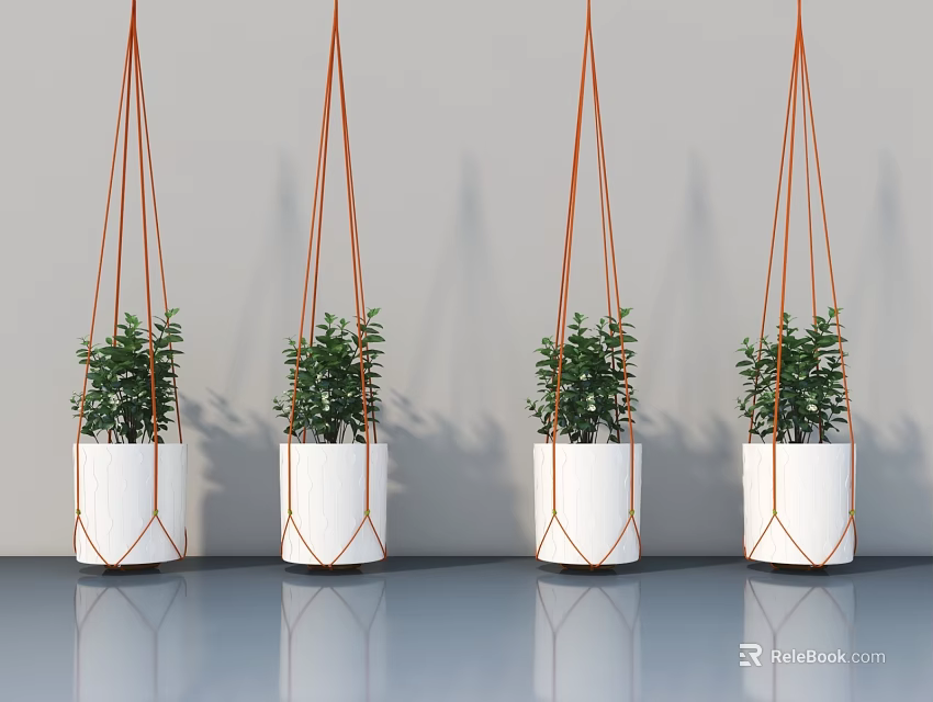 Modern Hanging Basket Plants with White Geometric Planters and Orange Strings in Indoor Setting 3d model 
