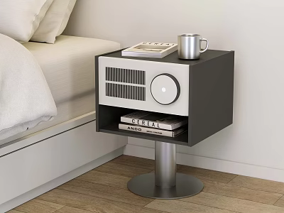 Modern Black and White Bedside Table With Metal Stand Notebook Mug Radio Lower Shelf Books 3d model