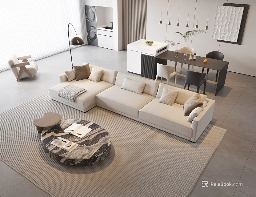 Beige Sectional Sofa and Round Marble Coffee Table Set in Modern Minimalist Living Room 3d model 