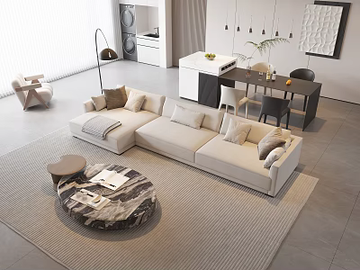 Beige Sectional Sofa and Round Marble Coffee Table Set in Modern Minimalist Living Room 3d model
