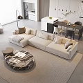 Beige Sectional Sofa and Round Marble Coffee Table Set in Modern Minimalist Living Room