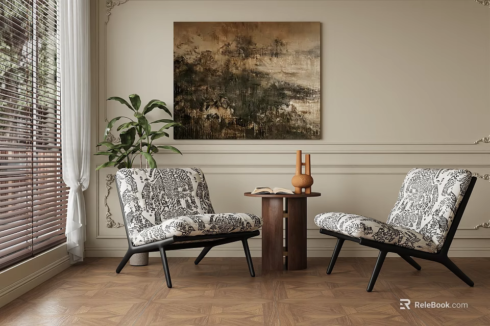 Patterned Accent Chairs With Small Wooden Table Large Wall Art Potted Plant And Wooden Flooring 3d model 