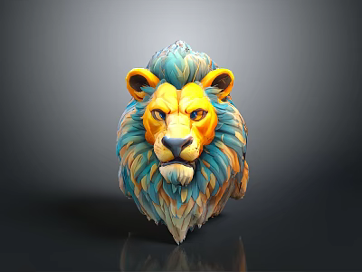 Unique Lion Head Sculpture Artwork With Blue And Yellow Mane Details 3d model