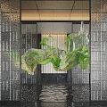 Vibrant Green Hanging Sculpture In Modern Space With Glass Walls And Water Reflection