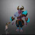 Horned Demon Creature With Muscular Body Blue Glowing Arms Purple Skin And Axe