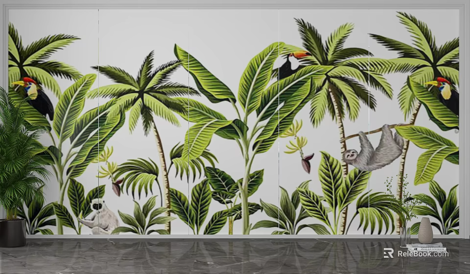 Tropical Themed Wall Mural Featuring Palm Trees Banana Leaves Sloth Monkey And Toucan 3d model 