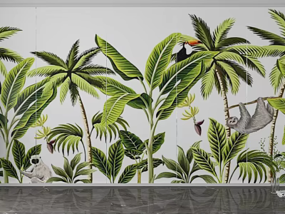 Tropical Themed Wall Mural Featuring Palm Trees Banana Leaves Sloth Monkey And Toucan 3d model