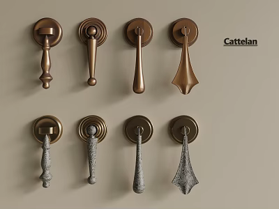 Cattelan Door Handles With Various Designs Modern Styles And Metal Finishes Displayed On Wall 3d model