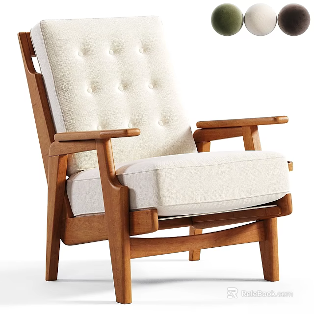 Modern Lounge Chair With Wooden Frame And White Upholstered Button Tufted Backrest 3d model 