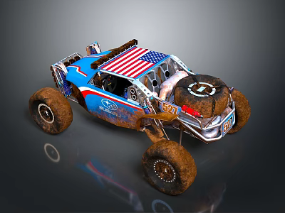 Modified Off Road Racing Car With American Flag And Muddy Exterior 3d model