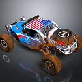 Modified Off Road Racing Car With American Flag And Muddy Exterior