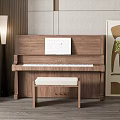 Wooden Piano With Music Sheet And Bench In Interior With Artistic Painting And Floor Lamp