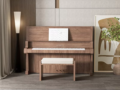 Wooden Piano With Music Sheet And Bench In Interior With Artistic Painting And Floor Lamp 3d model