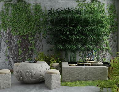 Chinese Gardening Sits Courtyard Waterscape 3d model