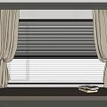 Beige Curtains With Black Blinds On Window In Room With Books On Sill