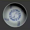 Traditional Chinese Sculpture Carving on Blue and White Bowl with Floral Patterns and Inscriptions