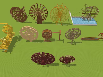 Garden Ornaments With Various Decorative Water Wheels Windmills And Water Features 3d model