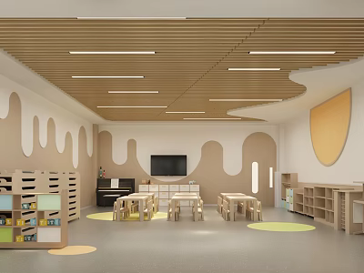 Modern Kindergarten Classroom Interior With Colorful Kids Furniture Bookshelves And Bright Lighting 3d model