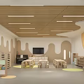 Modern Kindergarten Classroom Interior With Colorful Kids Furniture Bookshelves And Bright Lighting