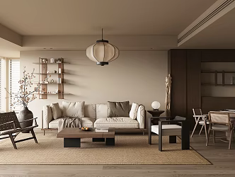 New Chinese-style Home Living Room Large Apartment Living Room Vertical Hall Living Room Guest Meal Integrated Design 3d model