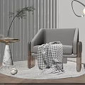 Gray Single Sofa With Checkered Blanket And Marble Side Table On Round Rug 3d model
