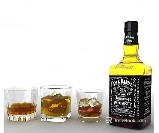 Jack Daniel's Whiskey Bottle with Three Glasses of Whiskey and Ice Cubes on White Background 3d model 