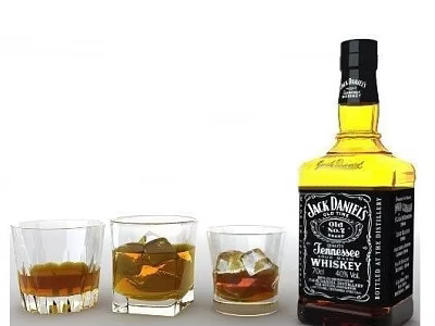 Jack Daniel's Whiskey Bottle with Three Glasses of Whiskey and Ice Cubes on White Background 3d model