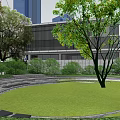 Modern Waterfront Sales Office Building With Urban Skyline And Green Landscaping