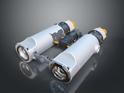 Silver And Yellow Binoculars With Black Connecting Parts On Black Surface With Reflections 3d model