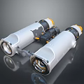 Silver And Yellow Binoculars With Black Connecting Parts On Black Surface With Reflections