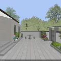 Modern Courtyard Garden Landscape With Stone Pavement Green Plants Outdoor Table Chairs And Flower Beds