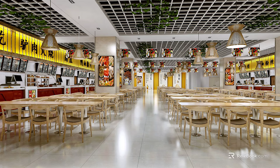 Spacious Restaurant Interior With Wooden Tables Chairs Hanging Lamps And Decorative Paintings 3d model 