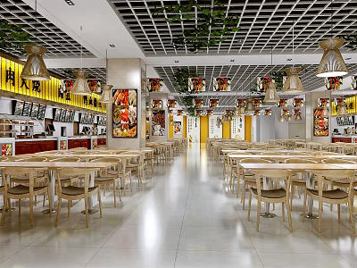 Spacious Restaurant Interior With Wooden Tables Chairs Hanging Lamps And Decorative Paintings 3d model