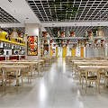 Spacious Restaurant Interior With Wooden Tables Chairs Hanging Lamps And Decorative Paintings