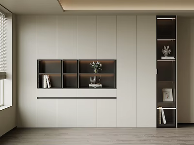 Modern Bookcase Interior Design With Open Shelves Closed Cabinets And Decorative Vase 3d model