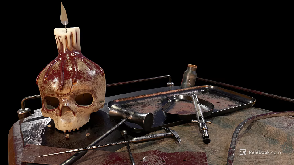 Industrial Style Functional Table With Burning Candle Skull And Metal Tools 3d model