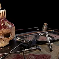 Industrial Style Functional Table With Burning Candle Skull And Metal Tools 3d model