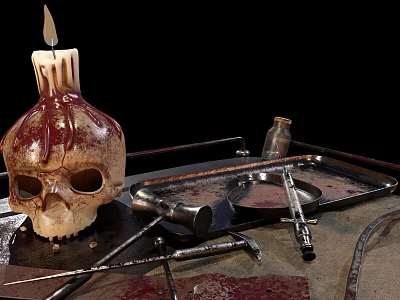 Industrial Style Functional Table With Burning Candle Skull And Metal Tools 3d model