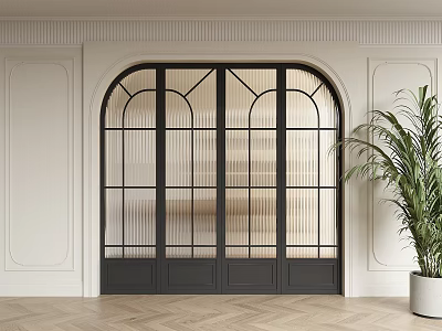 Arched Black Framed Glass Sliding Doors In Modern Interior With White Walls And Green Plant 3d model