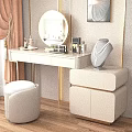 Modern Dressing Table with Round Mirror Cosmetics Necklace Stool and Drawer Cabinet