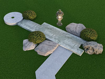 Garden Ornaments Featuring Circular Slab Stone Path Green Shrubs Stones and Metal Urn on Green Lawn 3d model