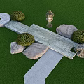 Garden Ornaments Featuring Circular Slab Stone Path Green Shrubs Stones and Metal Urn on Green Lawn