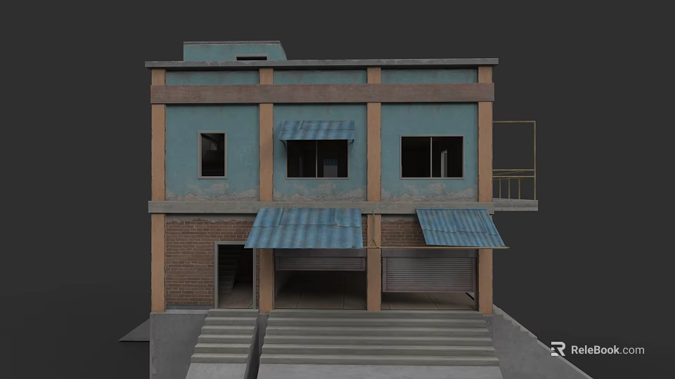 Two Story Detached Villa With Blue Brown Exterior Windows Awnings Garage Door And Steps 3d model 
