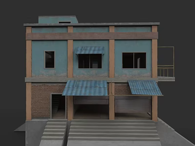 Two Story Detached Villa With Blue Brown Exterior Windows Awnings Garage Door And Steps 3d model