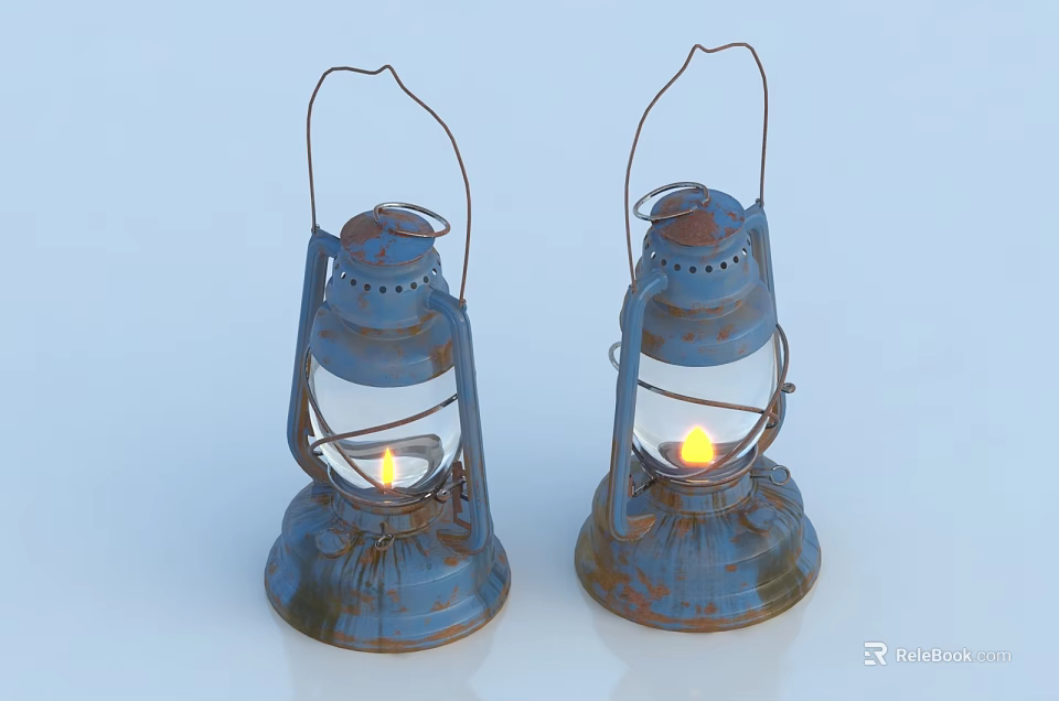 Vintage Blue Rustic Candle Lanterns With Metal Frame Glass Shade And Lit Candle 3d model 