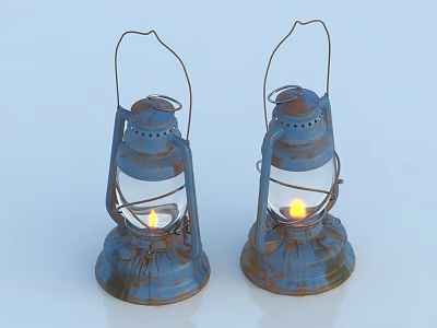 Vintage Blue Rustic Candle Lanterns With Metal Frame Glass Shade And Lit Candle 3d model
