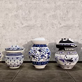 Blue And White Ceramic Vessels With Traditional Patterns Arranged In A Row 3d model